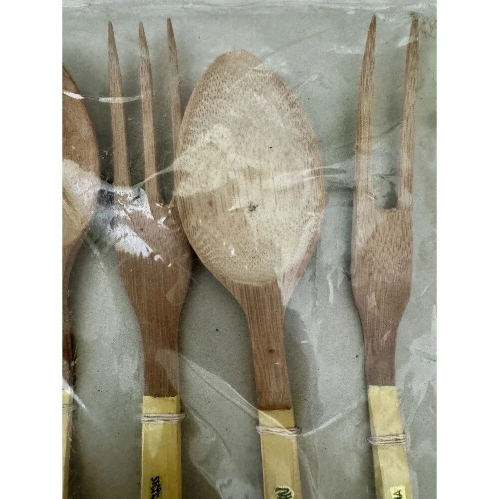 Vintage Chinese Wood Flatware Set Floral Decoupage Salad Utensils NOS
